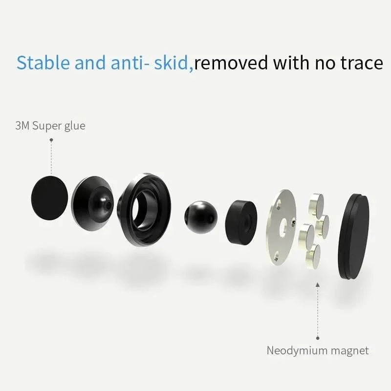 Exploded view of the magnetic phone holder: adhesive pad, magnets and swivel ball