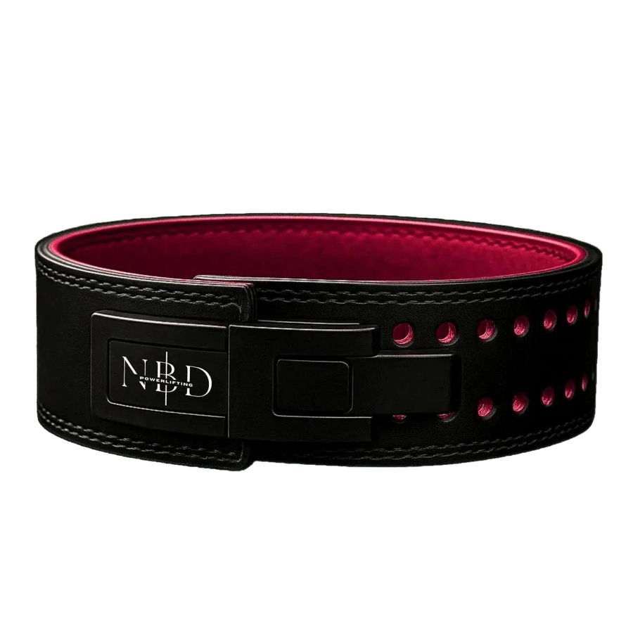 NBD 13mm leather powerlifting belt and 7mm knee sleeves combo back view during squat training session