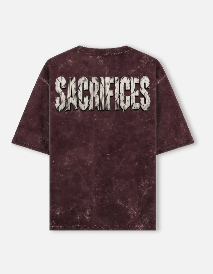 SACRIFICES oversized acid wash tee in Maroon — full back print, 240 GSM heavyweight cotton