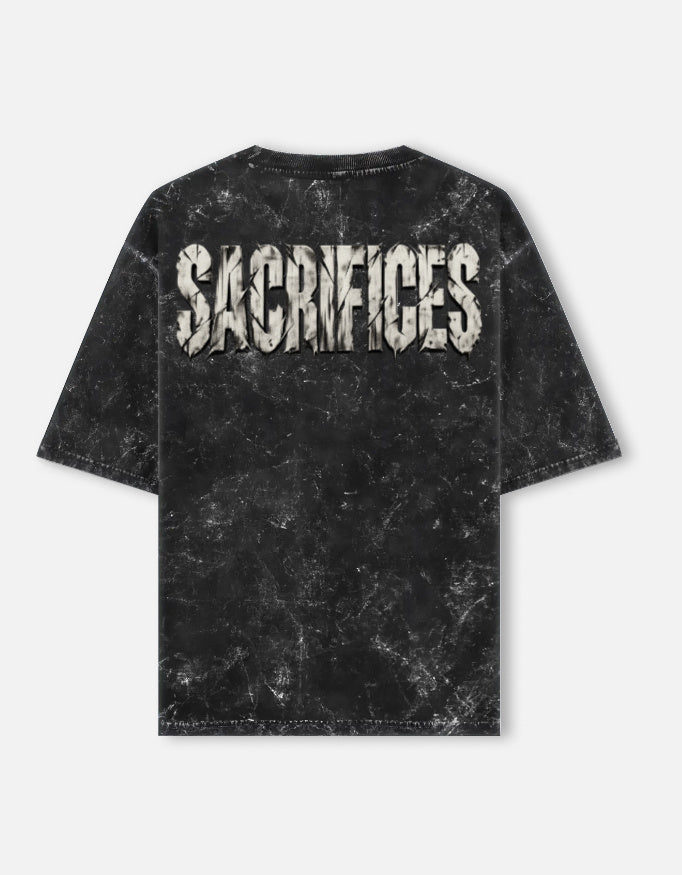 SACRIFICES oversized acid wash tee in Black — full back print, 240 GSM heavyweight cotton