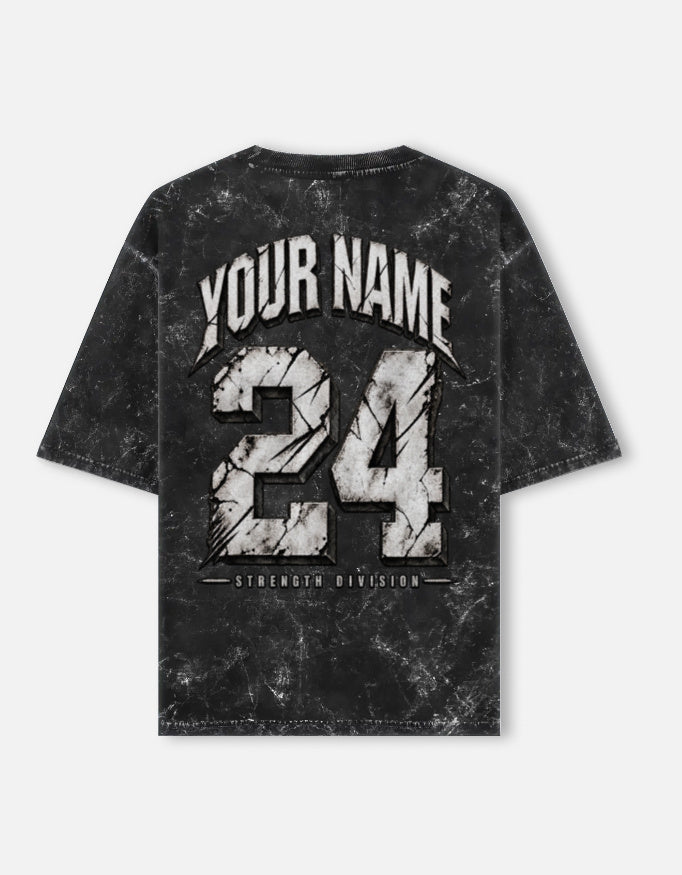YOUR NAME CUSTOM - Unisex Acid Washed Oversized Tee — Black, back print with arched custom name, number and Strength Division