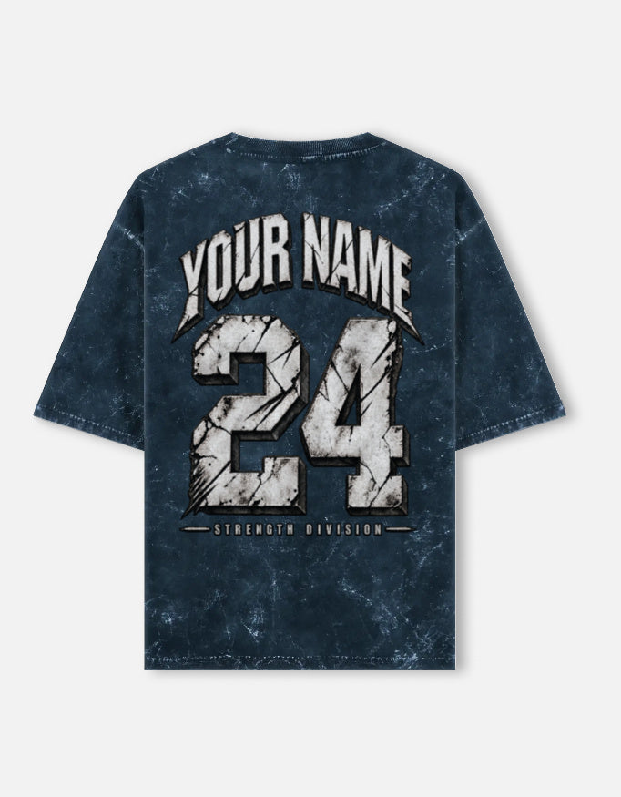 YOUR NAME CUSTOM - Unisex Acid Washed Oversized Tee — Navy Blue, back print with arched custom name, number and Strength Division