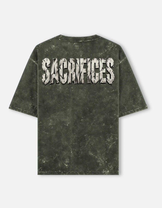 SACRIFICES oversized acid wash tee in Olive Green — full back print, 240 GSM heavyweight cotton