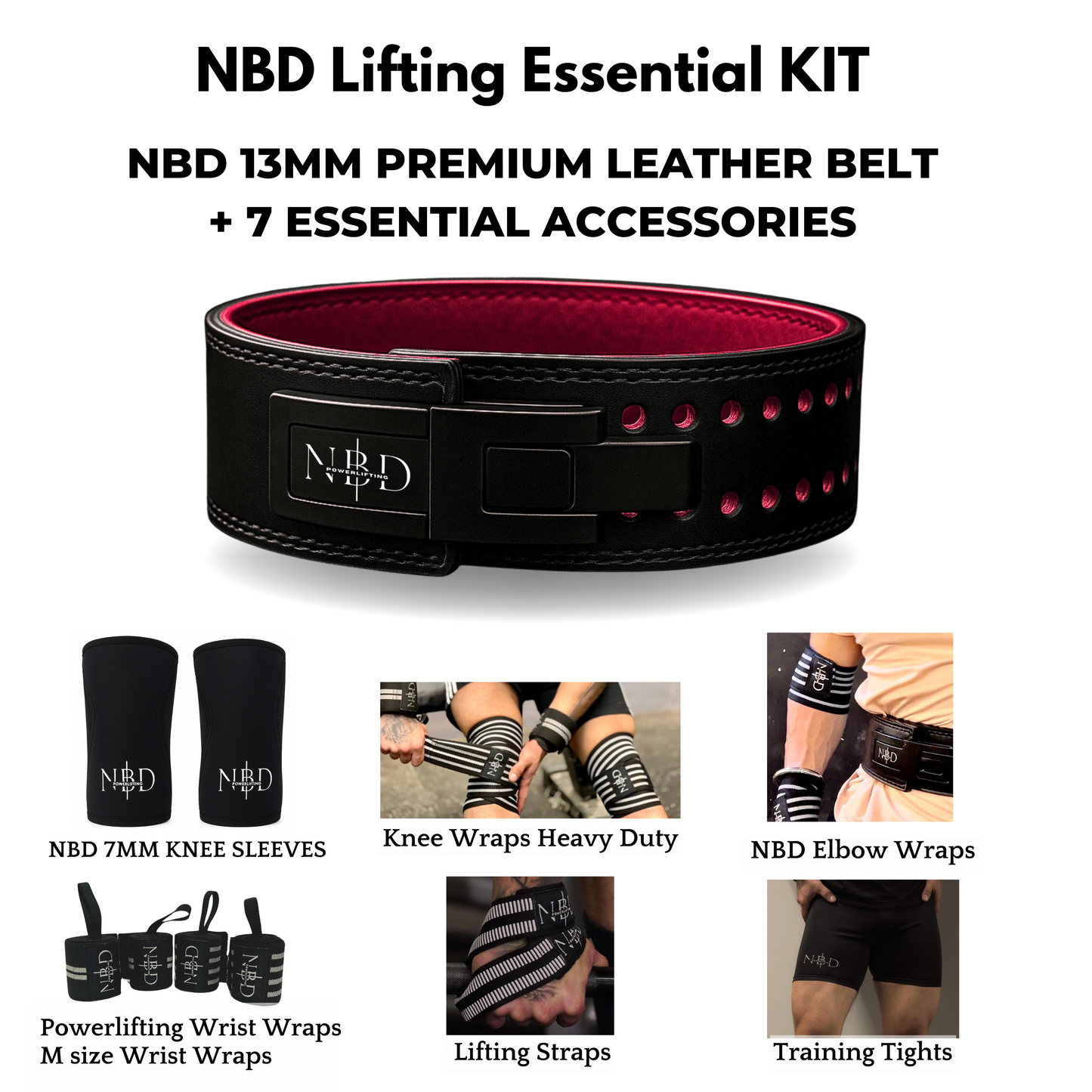 NBD Essential Lifting Kit | (Belt, Knee Sleeves & 6 Lifting Accessories)