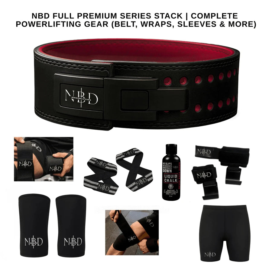 NBD NBD Full Premium Series Powerlifting Stack – Complete Strength Training Gear with Belt, Wrist Wraps, Knee Wraps, Knee Sle