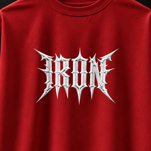 NBD IRON 240 GSM oversized T-shirt in Red — front print close-up, raised white 3D puff IRON lettering