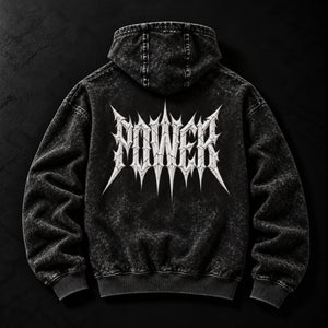 NBD POWER acid wash hoodie in Black — back view, large white spiked POWER lettering across the back, studio shot