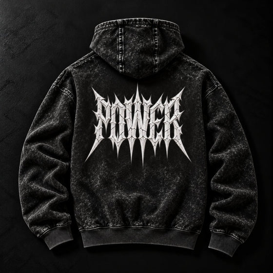 NBD POWER acid wash hoodie in Black — back view, large white spiked POWER lettering across the back, studio shot