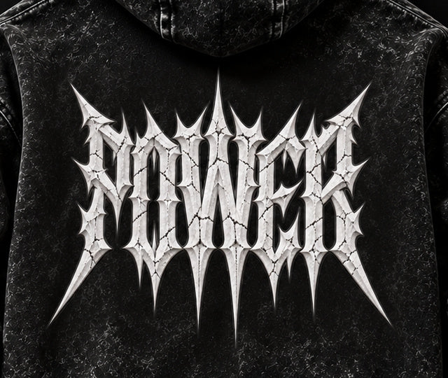 NBD POWER acid wash hoodie in Black — back print close-up, white spiked POWER lettering