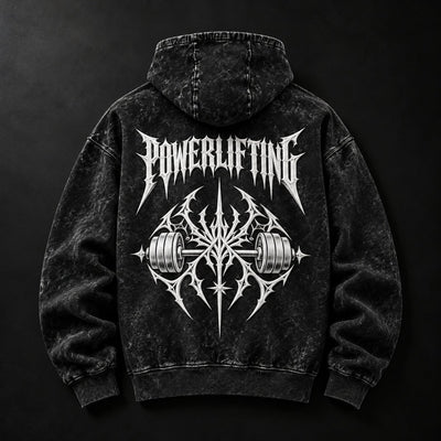 NBD POWERLIFTING Crest acid wash hoodie in Black — back view, white 3D puff print POWERLIFTING lettering and barbell crest, studio shot