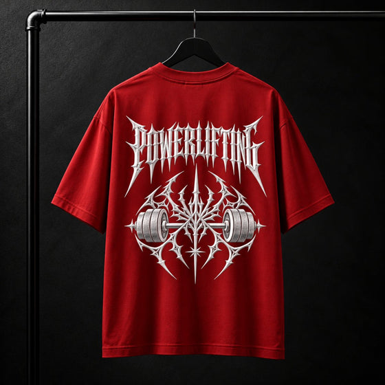 NBD POWERLIFTING Crest oversized T-shirt in Red — back view, raised white 3D puff print POWERLIFTING lettering above a barbell crest, studio shot on a hanger