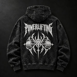 NBD POWERLIFTING Crest acid wash hoodie in Black — back view, white 3D puff print POWERLIFTING lettering and barbell crest, studio shot