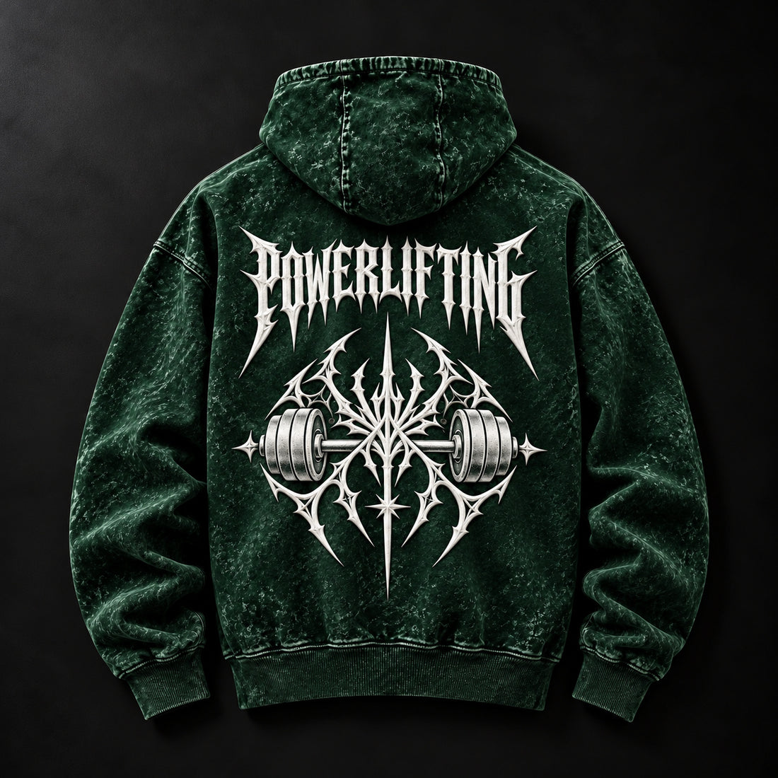 NBD POWERLIFTING Crest acid wash hoodie in Bottle Green — back view, white 3D puff print POWERLIFTING lettering and barbell crest, studio shot