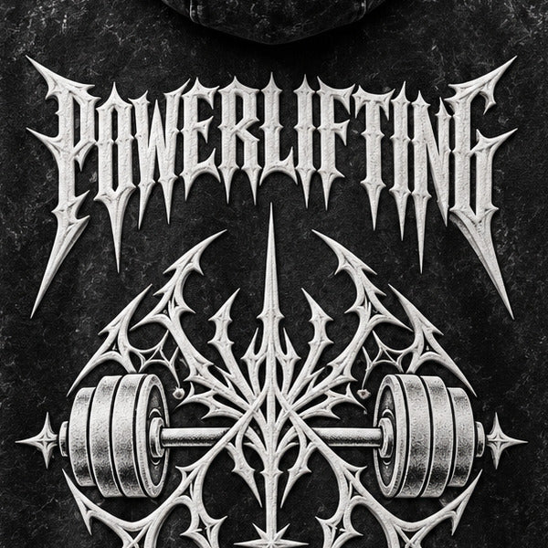 NBD POWERLIFTING Crest hoodie — close-up of the raised white puff print POWERLIFTING lettering on the back