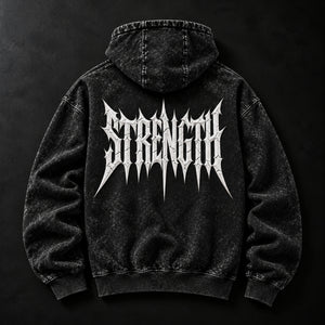 NBD STRENGTH acid wash hoodie in Black — back view, large white STRENGTH lettering across the back, studio shot