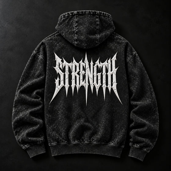 NBD STRENGTH acid wash hoodie in Black — back view, large white STRENGTH lettering across the back, studio shot