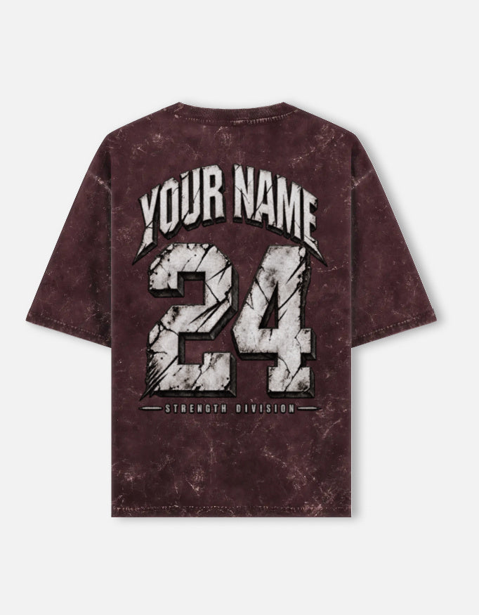 YOUR NAME CUSTOM - Unisex Acid Washed Oversized Tee — Maroon, back print with arched custom name, number and Strength Division
