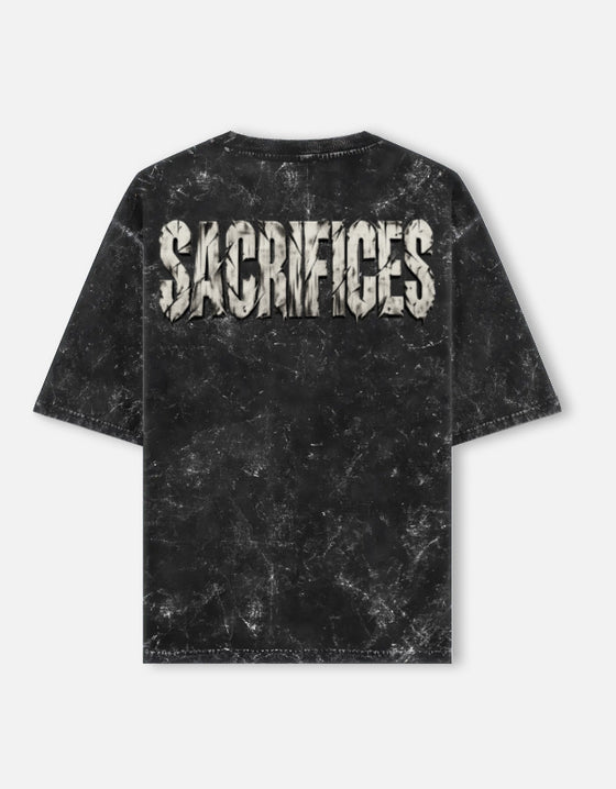 SACRIFICES oversized acid wash tee in Black — full back print, 240 GSM heavyweight cotton
