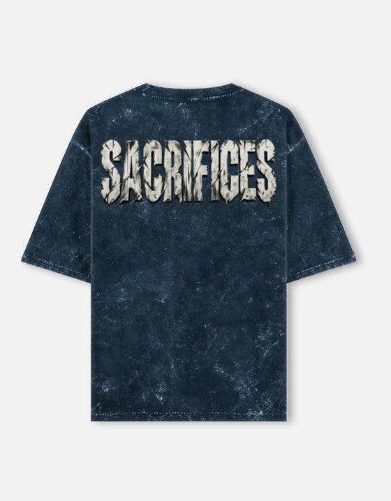 SACRIFICES oversized acid wash tee in Navy Blue — full back print, 240 GSM heavyweight cotton