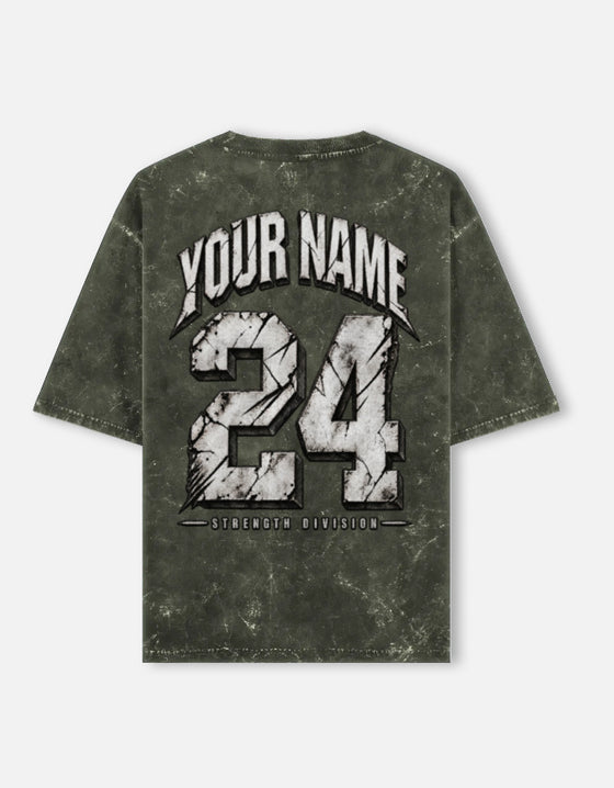 YOUR NAME CUSTOM - Unisex Acid Washed Oversized Tee — Olive Green colourway, back print