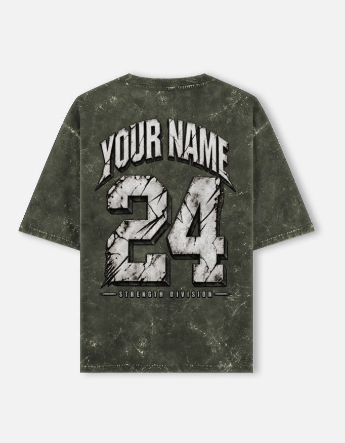 YOUR NAME CUSTOM - Unisex Acid Washed Oversized Tee — Olive Green, back print with arched custom name, number and Strength Division