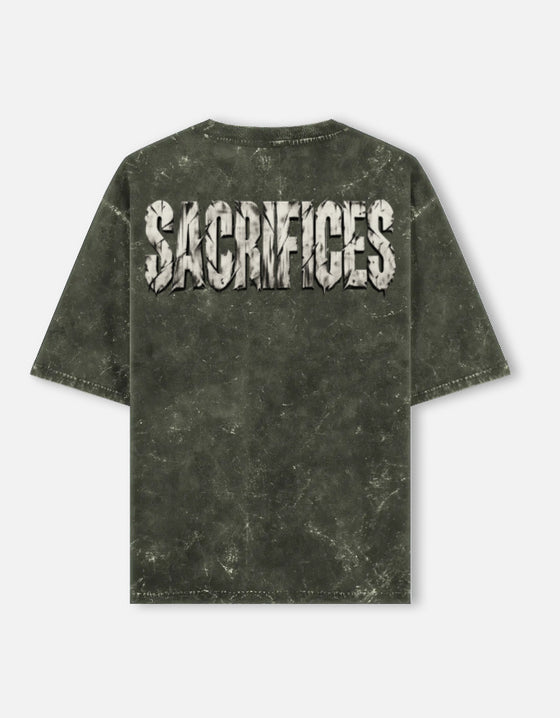 SACRIFICES oversized acid wash tee in Olive Green — full back print, 240 GSM heavyweight cotton