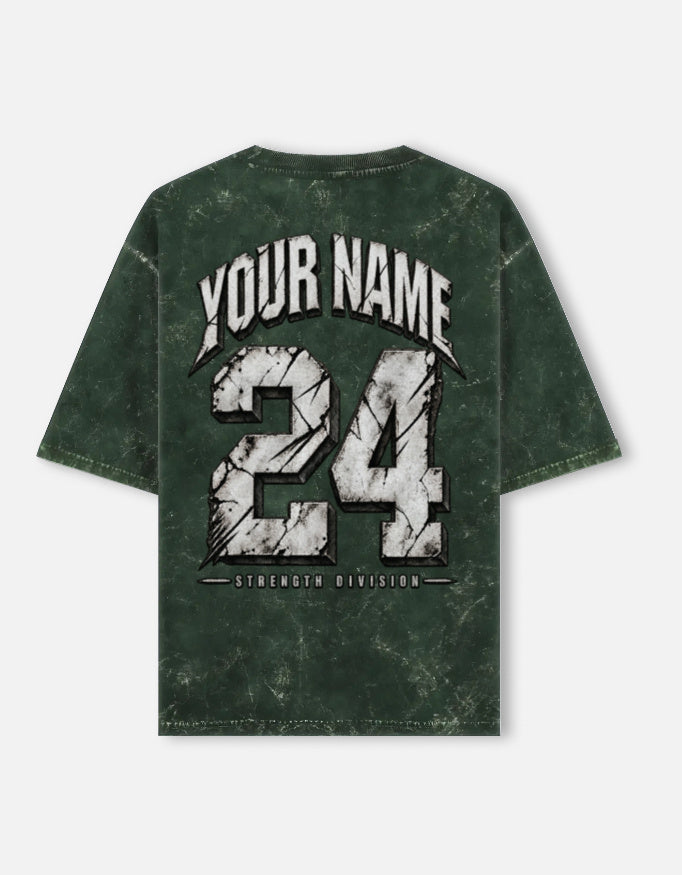 YOUR NAME CUSTOM - Unisex Acid Washed Oversized Tee — Bottle Green, back print with arched custom name, number and Strength Division