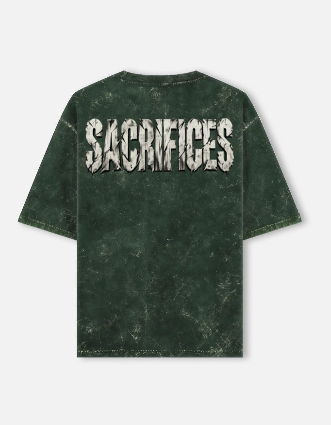 SACRIFICES oversized acid wash tee in Bottle Green — full back print, 240 GSM heavyweight cotton