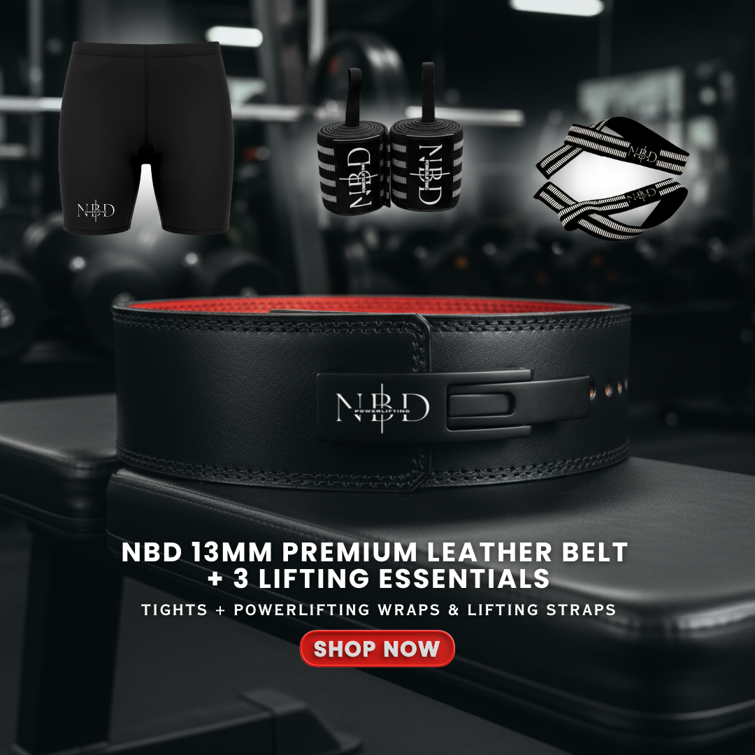 NBD Classic Premium Leather Belt + 3 Lifting Essentials (Tights,Powerlifting Wraps & Lifting Straps)