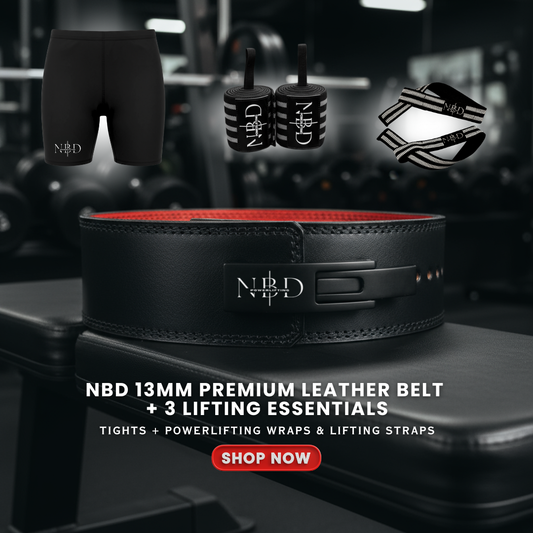 NBD Classic Premium Leather Belt + 3 Lifting Essentials (Tights,Powerlifting Wraps & Lifting Straps)