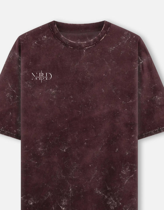 NBD custom name and number oversized tee in Maroon - front with NBD Powerlifting chest mark, 240 GSM acid wash