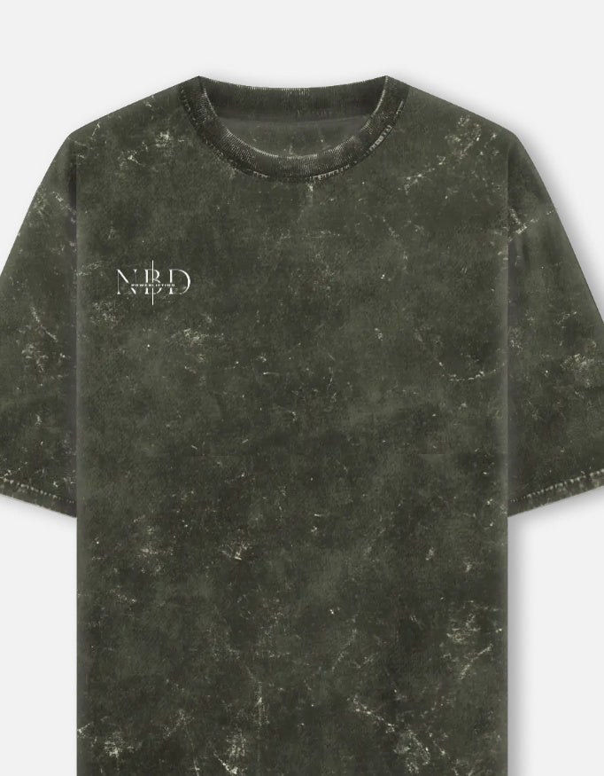 YOUR NAME CUSTOM - Unisex Acid Washed Oversized Tee — Olive Green, front with NBD Powerlifting chest mark