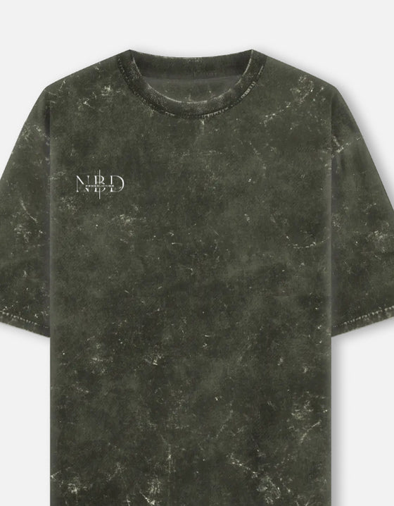 SACRIFICES oversized acid wash tee in Olive Green — NBD mark on right chest