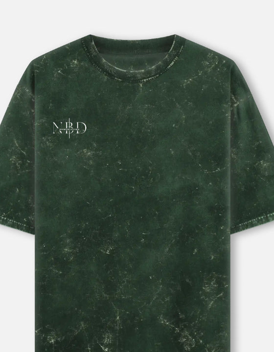 NBD custom name and number oversized tee in Bottle Green - front with NBD Powerlifting chest mark, 240 GSM acid wash