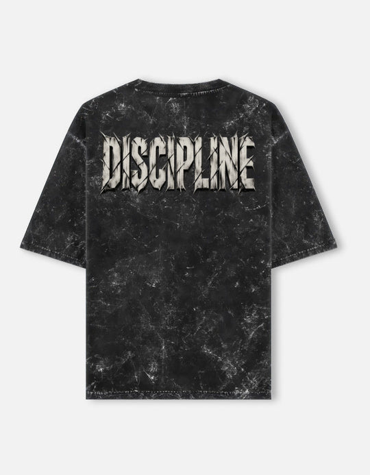 DISCIPLINE oversized acid wash tee in Black — full back print, 240 GSM heavyweight cotton
