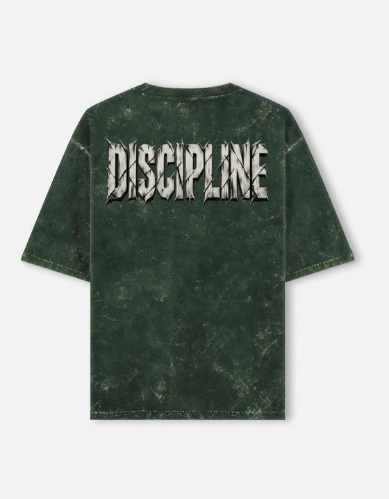 DISCIPLINE oversized acid wash tee in Bottle Green — full back print, 240 GSM heavyweight cotton