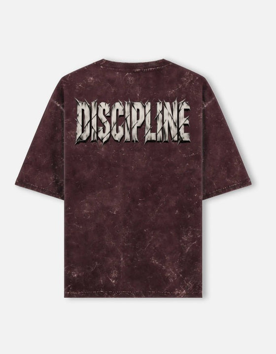 DISCIPLINE oversized acid wash tee in Maroon — full back print, 240 GSM heavyweight cotton