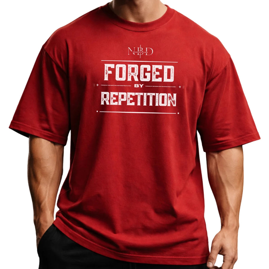 NBD Forged by Repetition - NBD Premium Oversized Tee lifestyle action shot - premium 13mm weightlifting belt