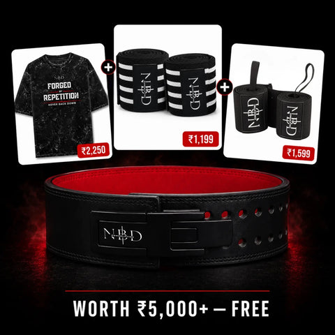 NBD 13mm Dual Pro Powerlifting Belt bundle offer — buy the belt and get a free Forged By Repetition acid-wash oversized tee, NBD wrist wraps, and heavy-duty knee wraps, worth over ₹5,000, free