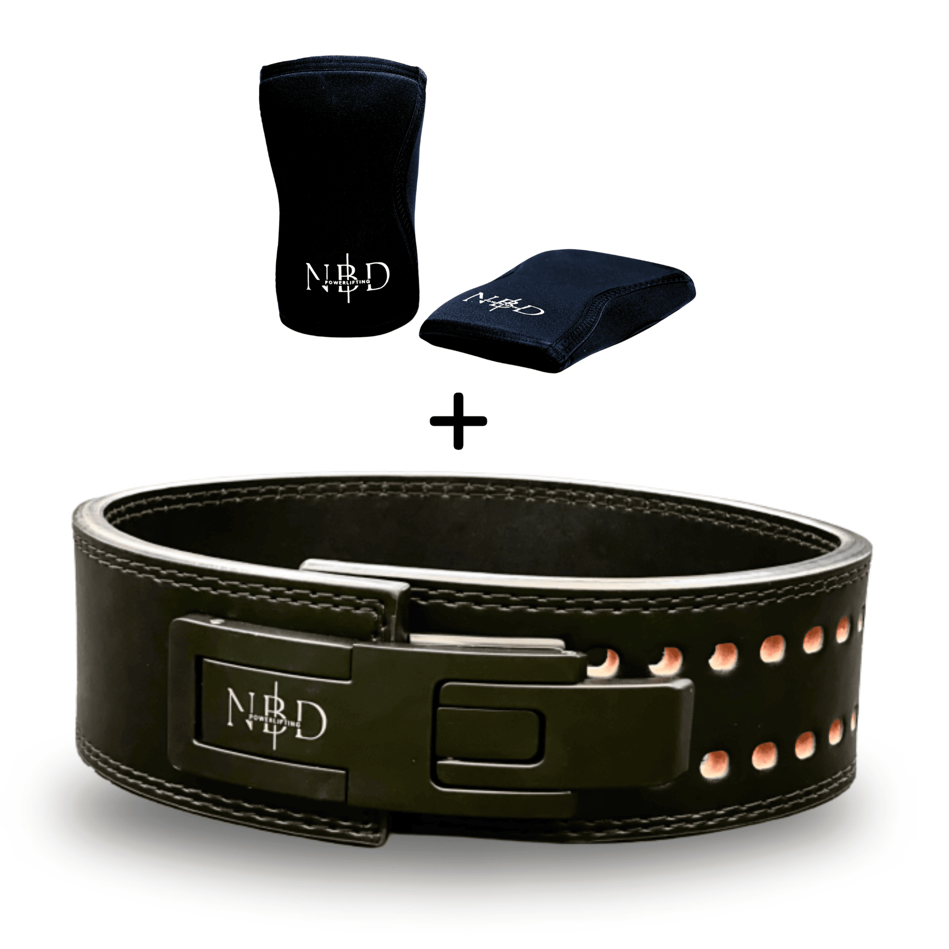 NBD 13mm Premium Leather Powerlifting Belt and 7mm Knee Sleeves Combo – Front View