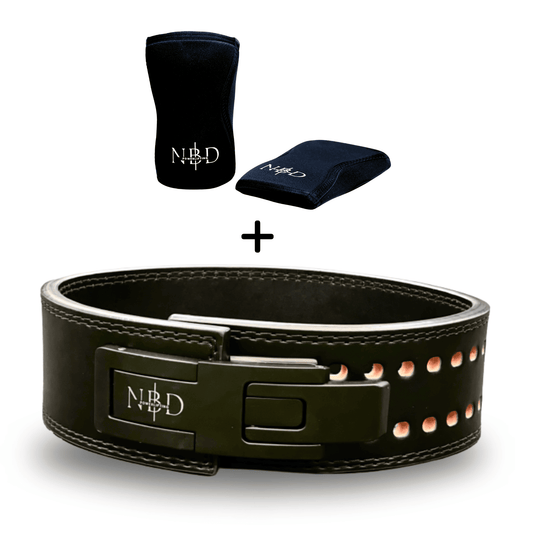 NBD 13mm Premium Leather Powerlifting Belt and 7mm Knee Sleeves Combo – Front View