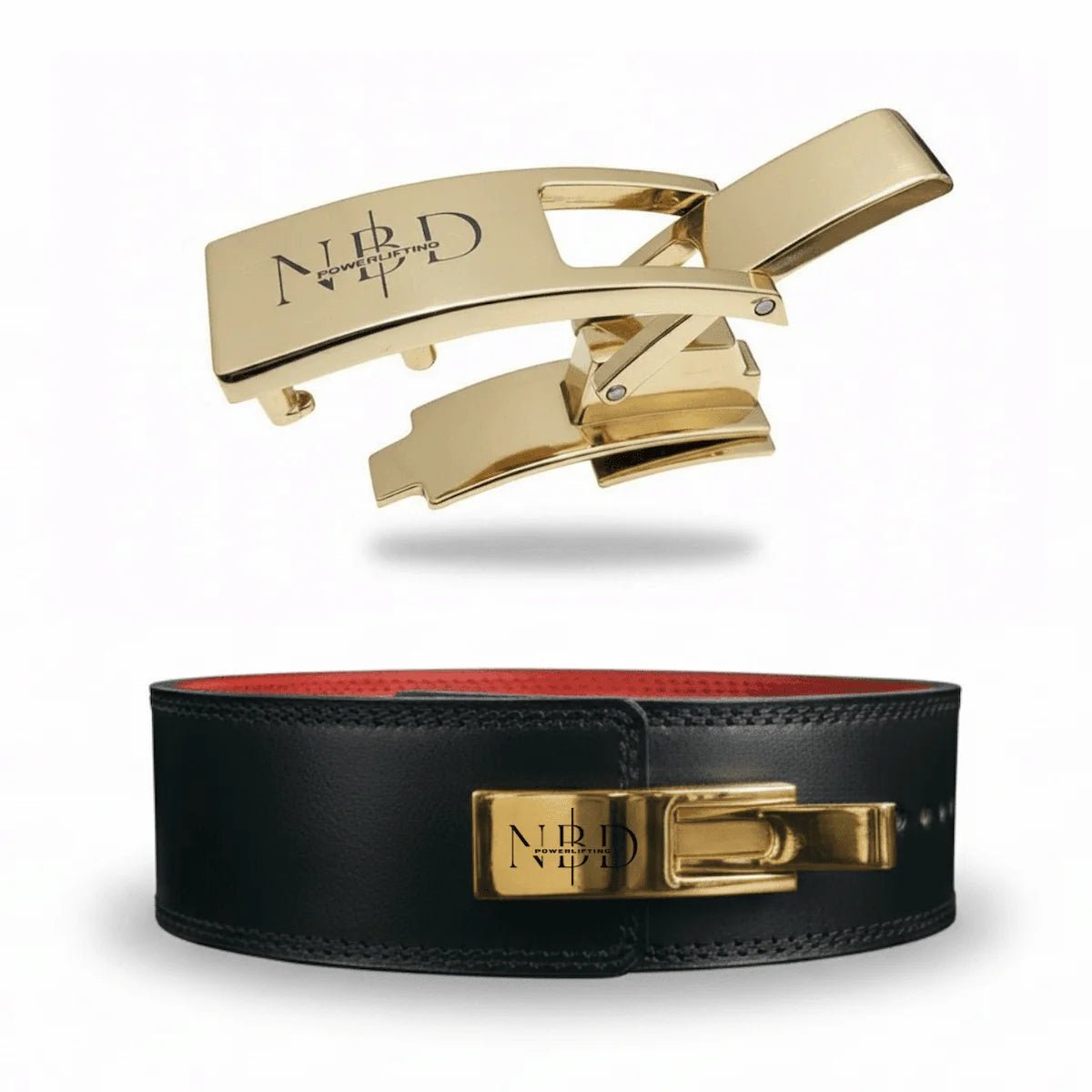 Gold belt buckle and black belt with gold buckle on a white background