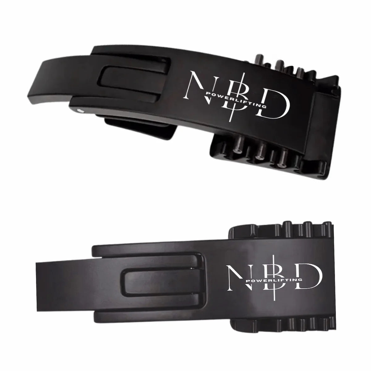 Black powerlifting belt with 'NBD Powerlifting' branding on a white background