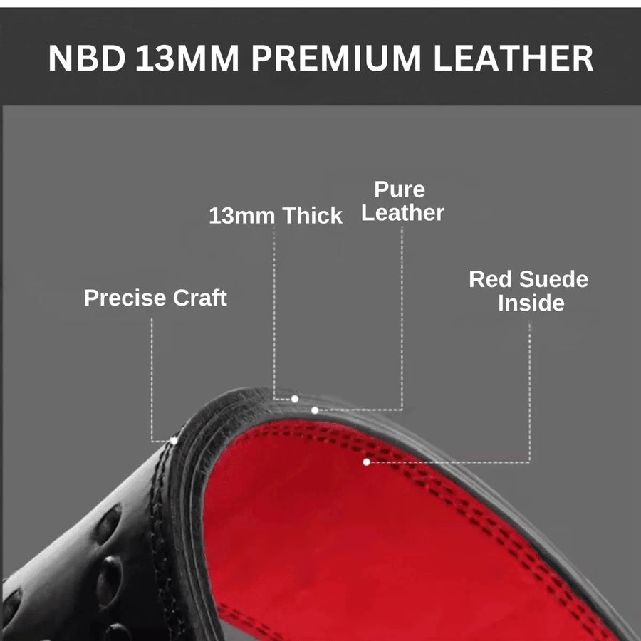NBD 3-Pin Adjustable Lever premium leather belt with wrist wraps, detail close-up