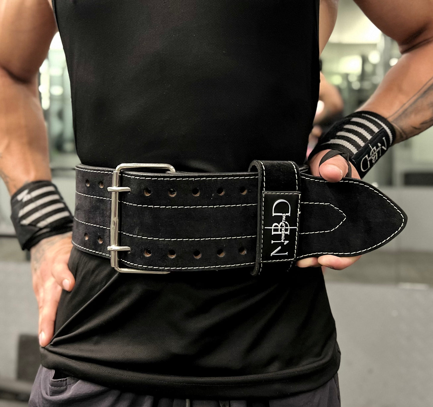 Close-Up of NBD 8mm Leather Powerlifting Belt – Strong Pin Buckle Design