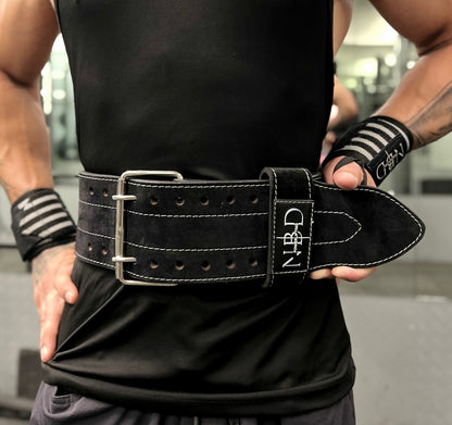 Close-Up of NBD 8mm Leather Powerlifting Belt – Strong Pin Buckle Design