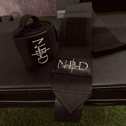 NBD Black Series Wrist Wraps in Medium size (24 inches), highlighting durable stitching and sleek black finish.

