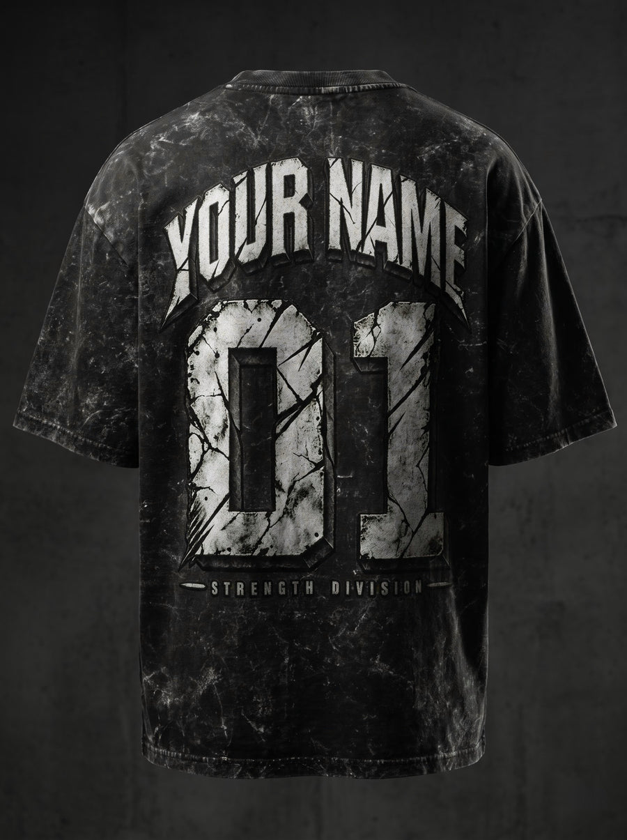 YOUR NAME CUSTOM - Unisex Acid Washed Oversized Tee — ALL, back print with arched custom name, number and Strength Division