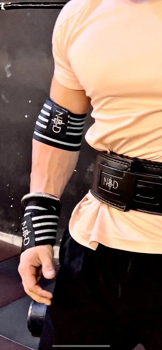 NBD elbow wraps powerlifting gear close-up detail view showing premium support for heavy lifting training India