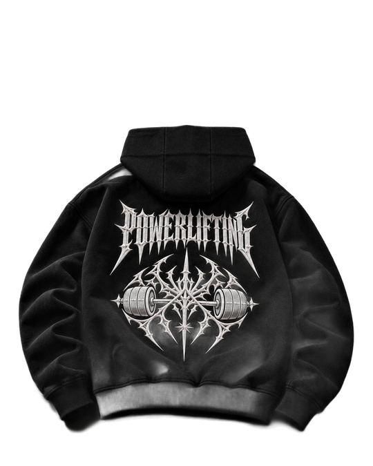 NBD POWERLIFTING Crest zip hoodie in Black — back view, studio cut-out for the Hoodie Room